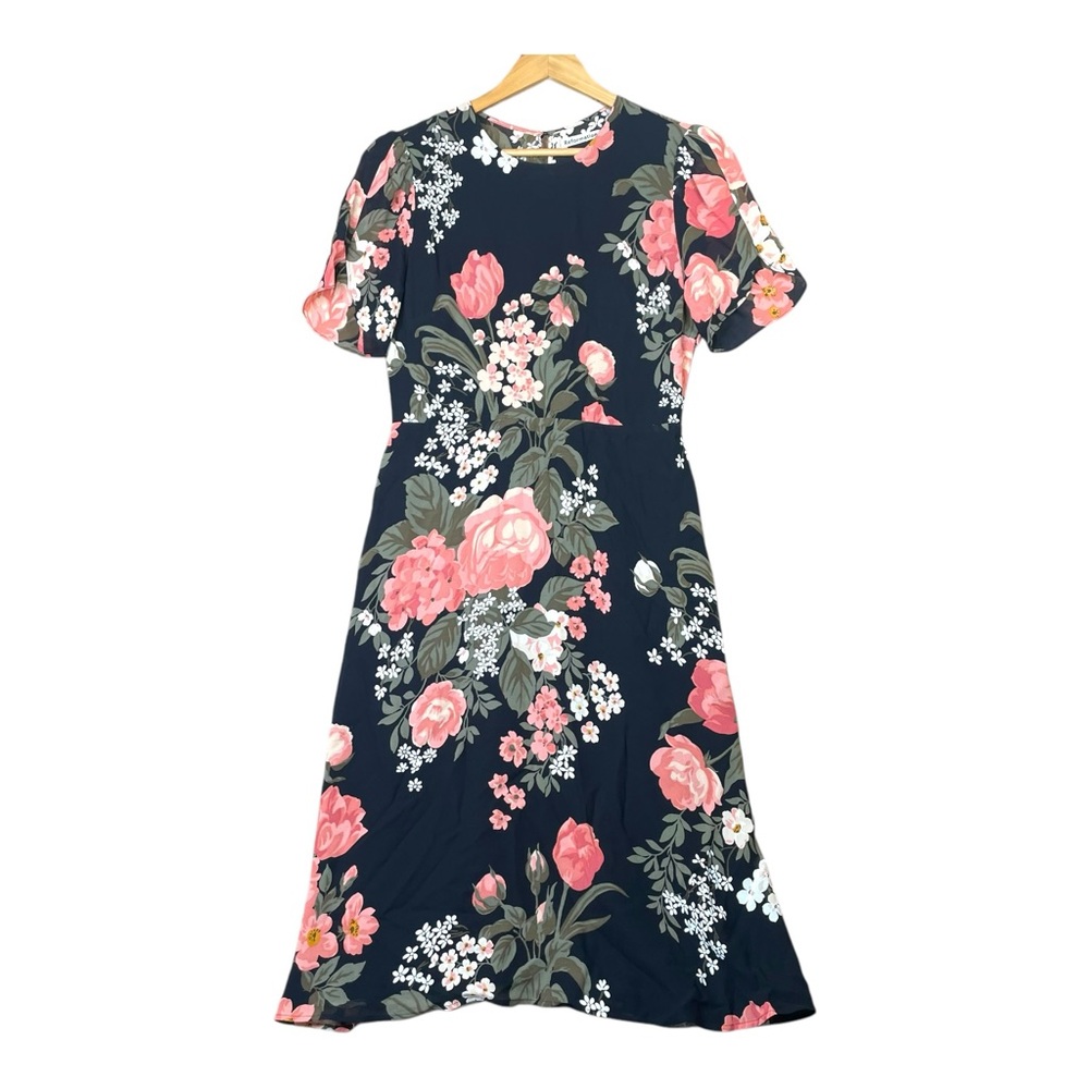 REFORMATION Women Midi Andre Dress Floral Black 12 A Line Slim Puffed Sleeve